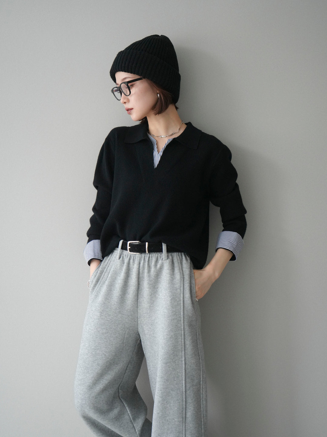 [予約]シャツレイヤードスキッパーニットプルオーバー/black