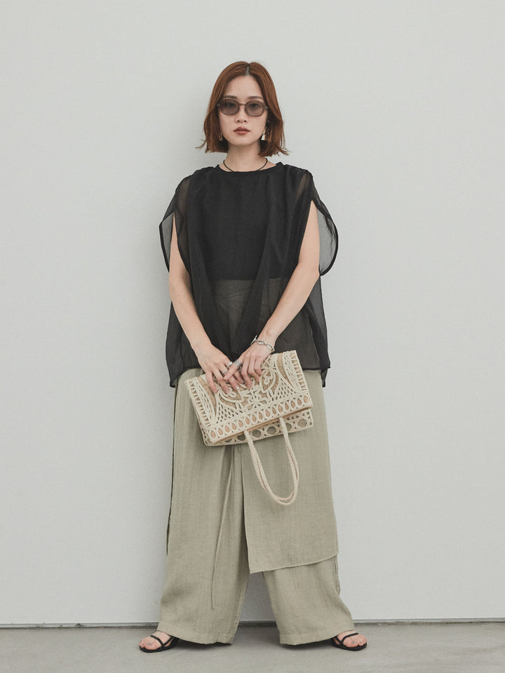 [予約]ワッシャーサテンレイヤードスカートパンツ/カーキベージュ