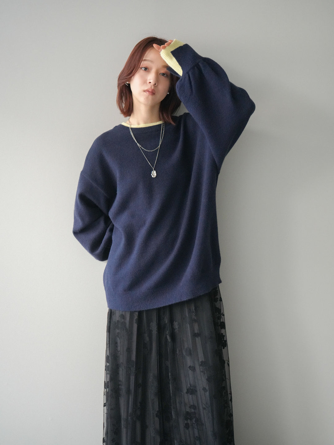 [SET]ヘンリーネック配色レイヤードニットプルオーバー+フラワーフロッキーチュールプリーツスカート(2set)