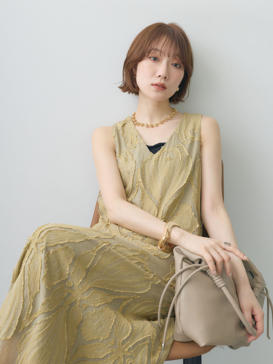 [SET]Vネックシアージャガードノースリワンピース+選べるアクセセット(2set)