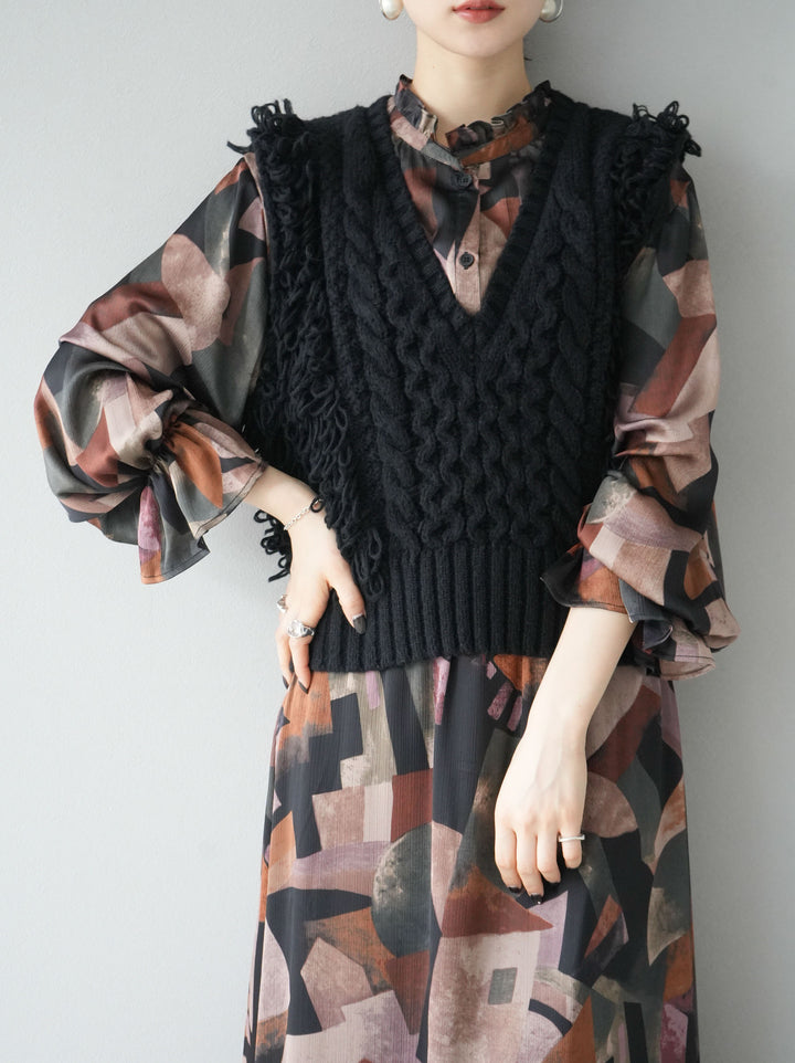 [SET]レトロプリントフリルブラウス+選べるアクセセット(2set)