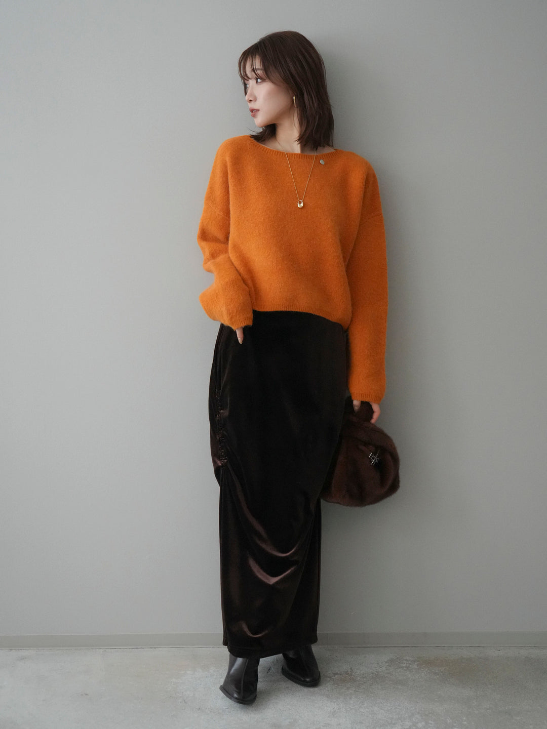 [予約]アンゴラタッチボートネッククロップドプルオーバー/orange