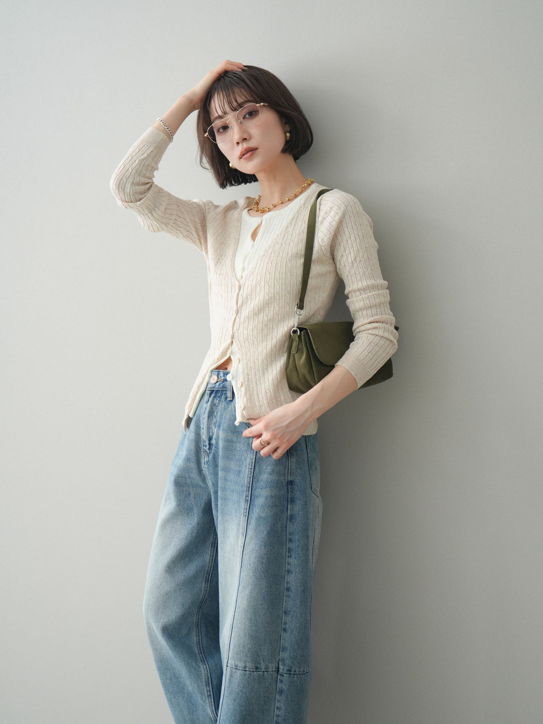 [予約]バイカラーレイヤードニットカーディガン/white