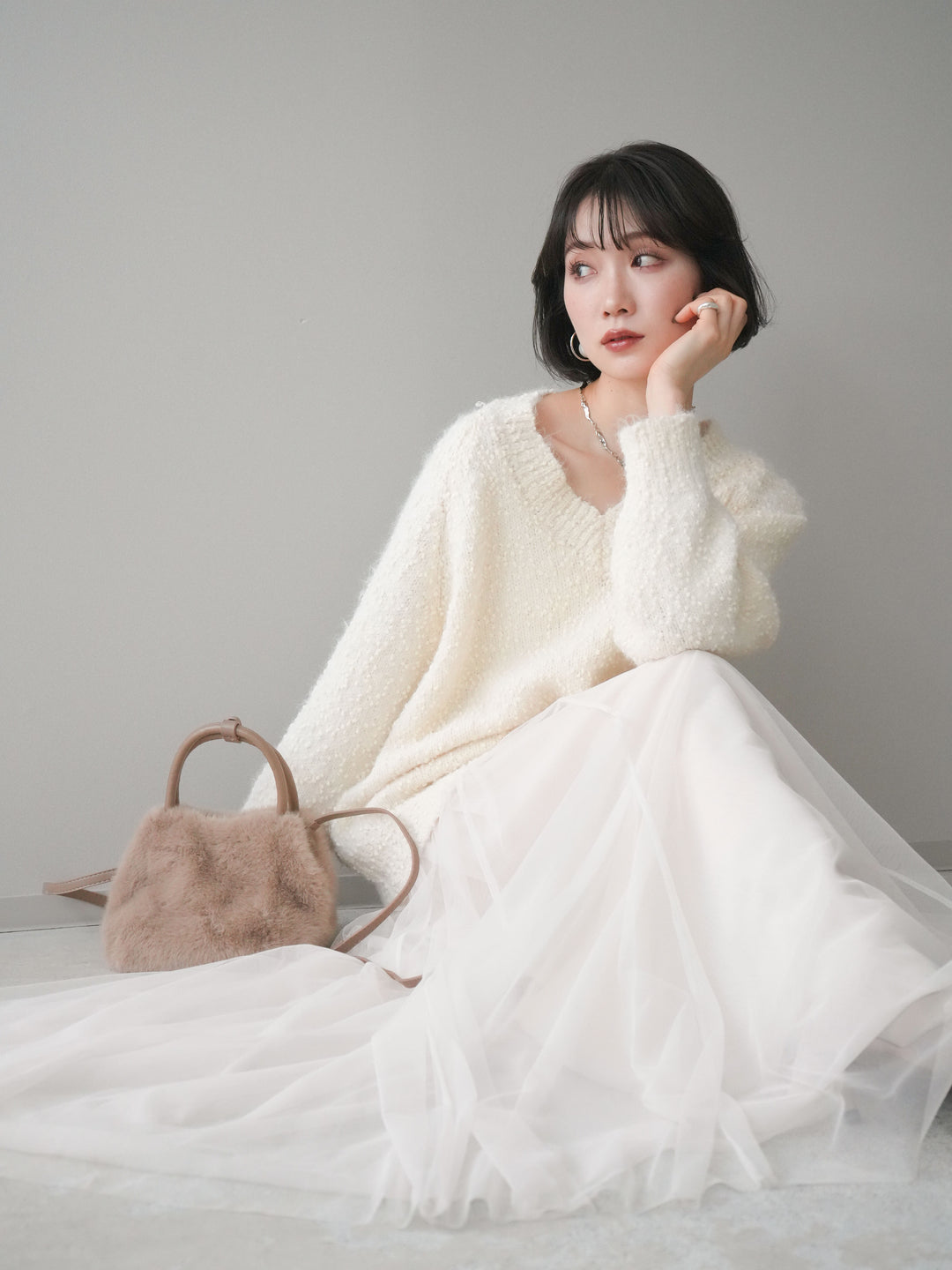 [SET]Vネックスラブニットプルオーバー+選べるアクセセット(2set)