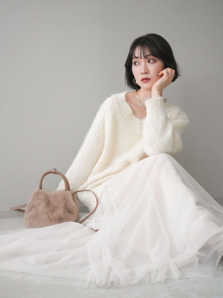 [SET]Vネックスラブニットプルオーバー+選べるアクセセット(2set)