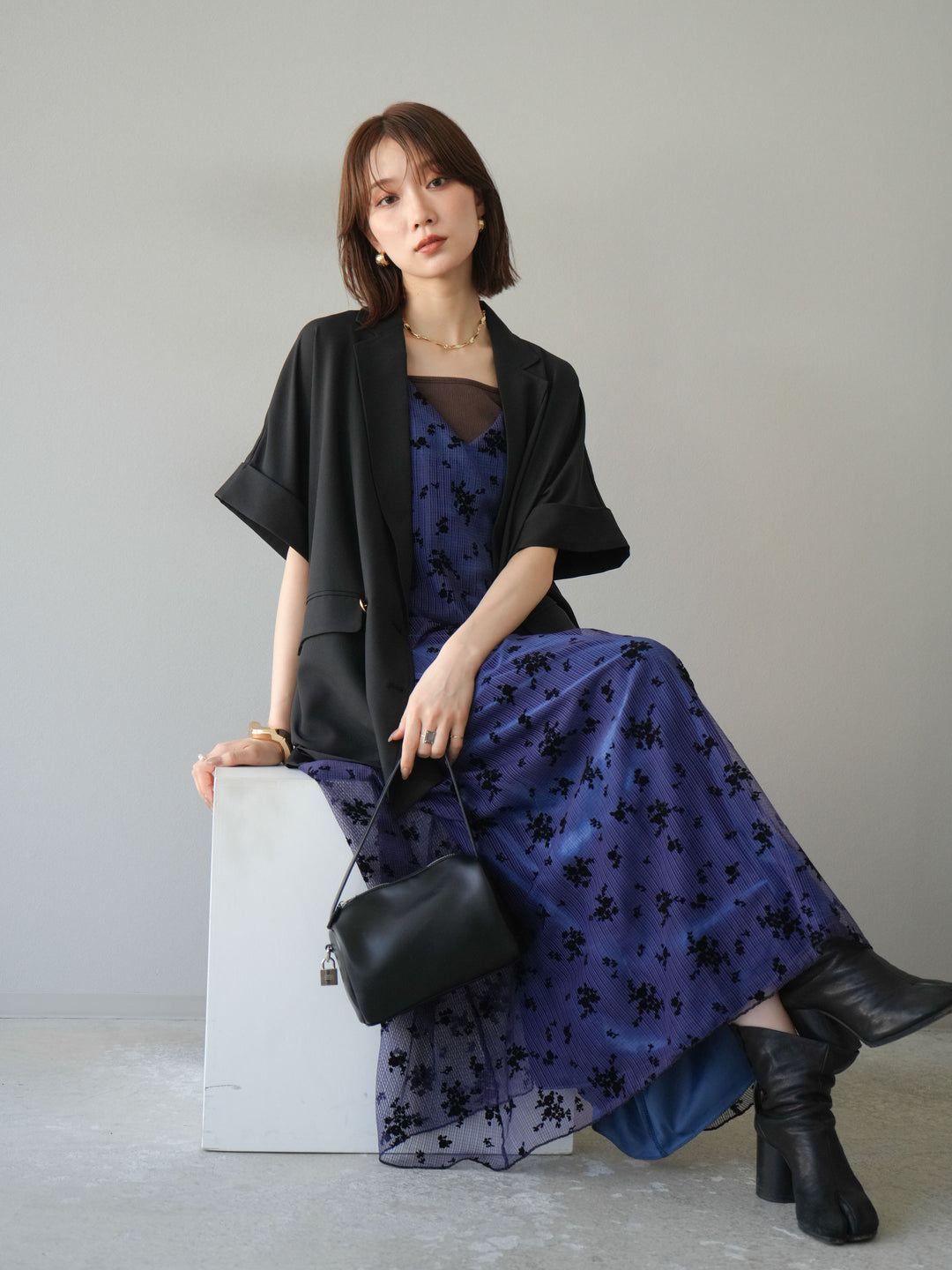 [套裝] 植絨薄紗層疊天鵝絨吊帶連身裙 + 金色紐帶半夾克 (2 套)