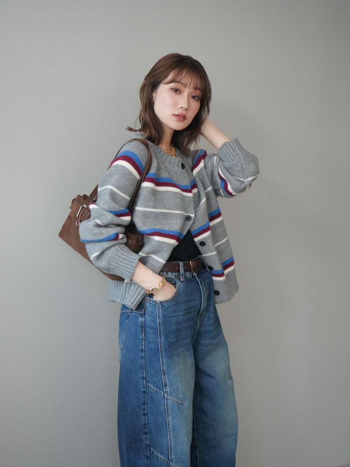[予約]ランダムボーダーニットカーディガン/gray