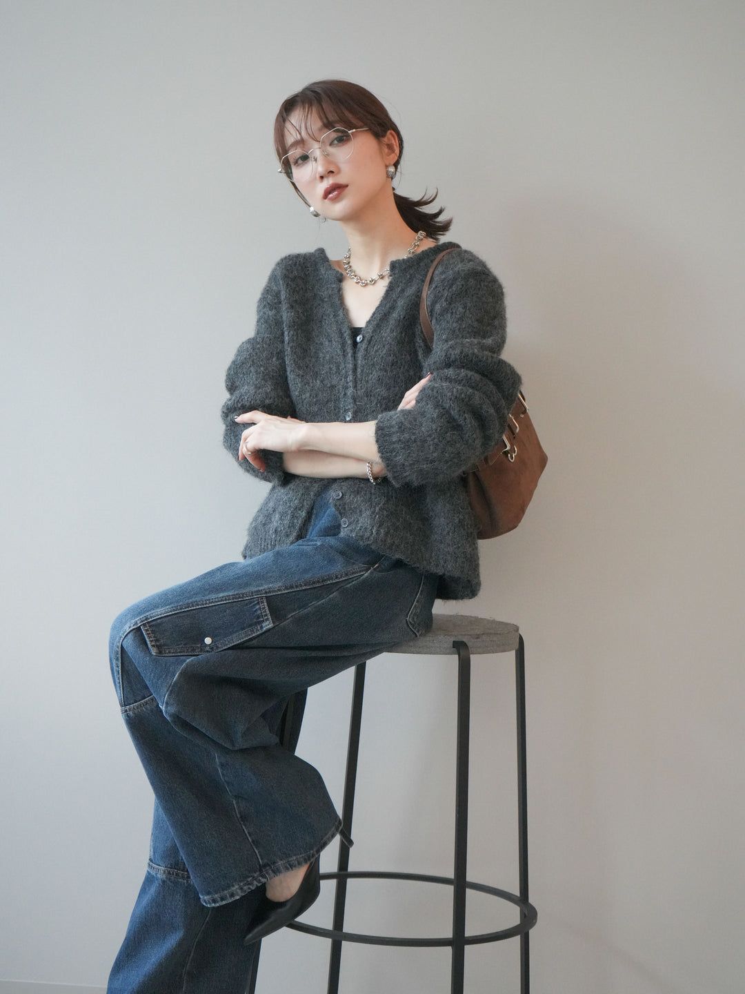 [SET]キーネックシャギーニットカーディガン+カーゴデザインコクーンデニムパンツ(2set)