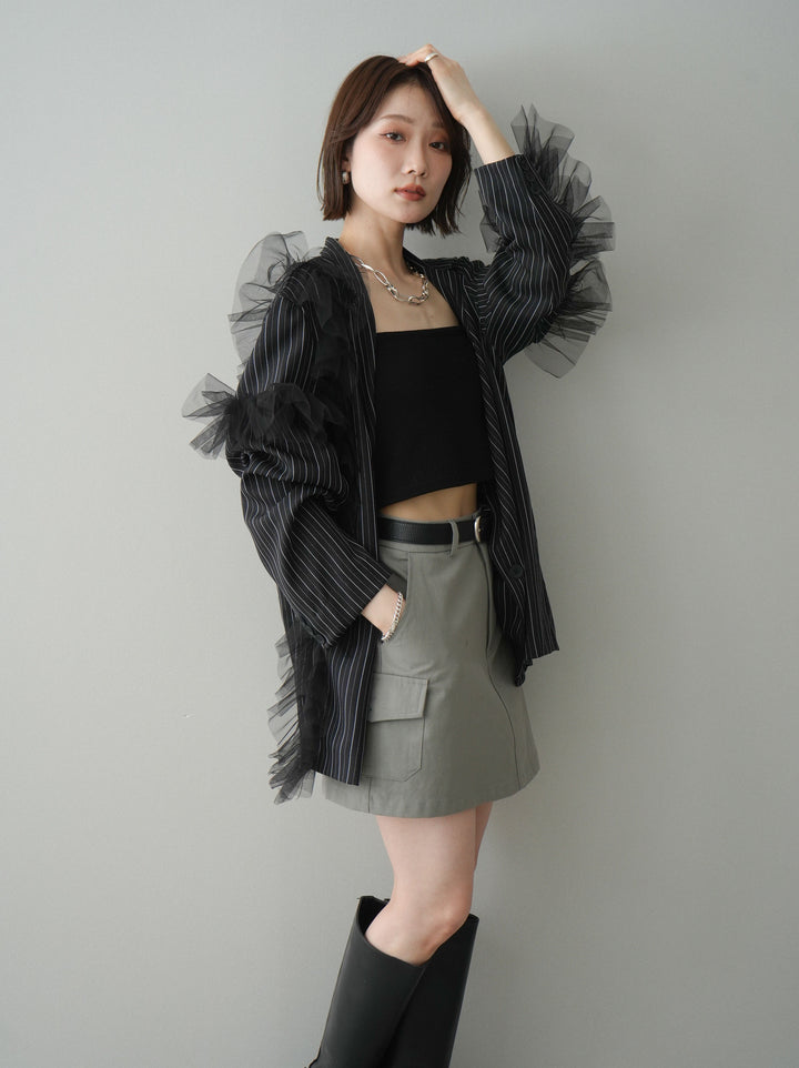 [予約]アシンメトリーチュールストライプジャケット/black
