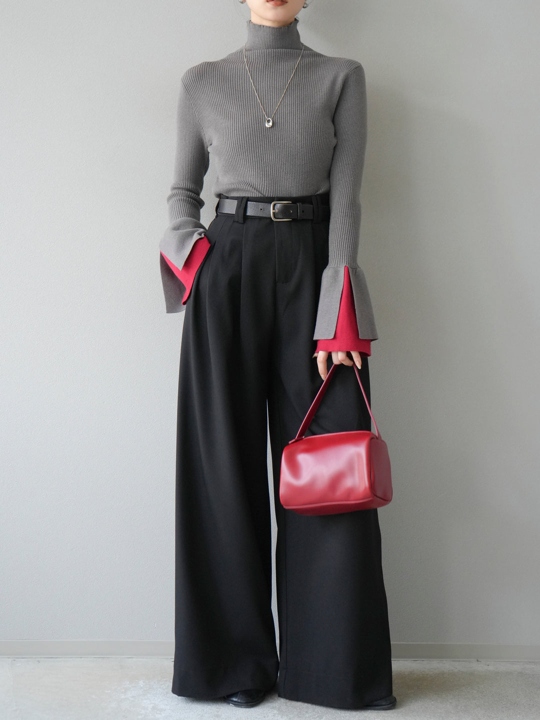 [予約]レイヤードフレアスリーブハイネックニットトップス/グレー