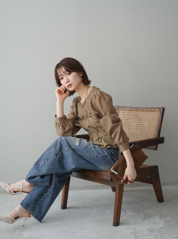 [SET]異素材ビスチェドッキングブラウス+異素材ビスチェドッキングブラウス(2set)