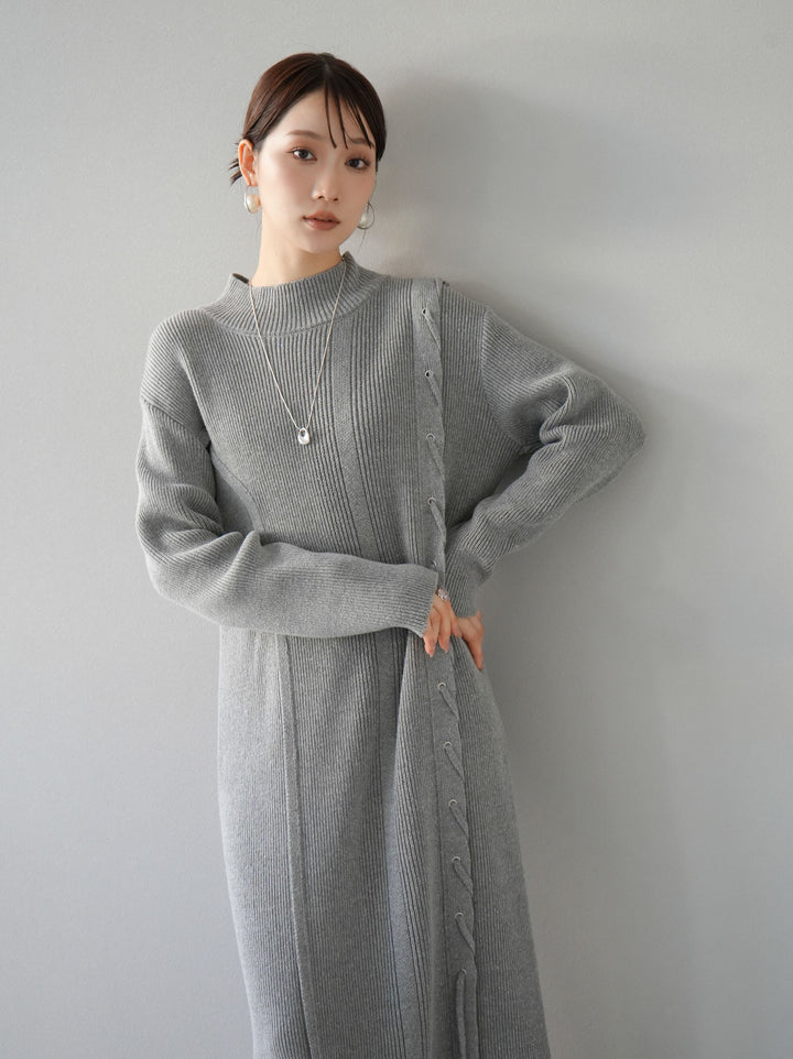 [SET] 不對稱繫帶高領針織連身裙 + 可選飾品套裝 (2套)