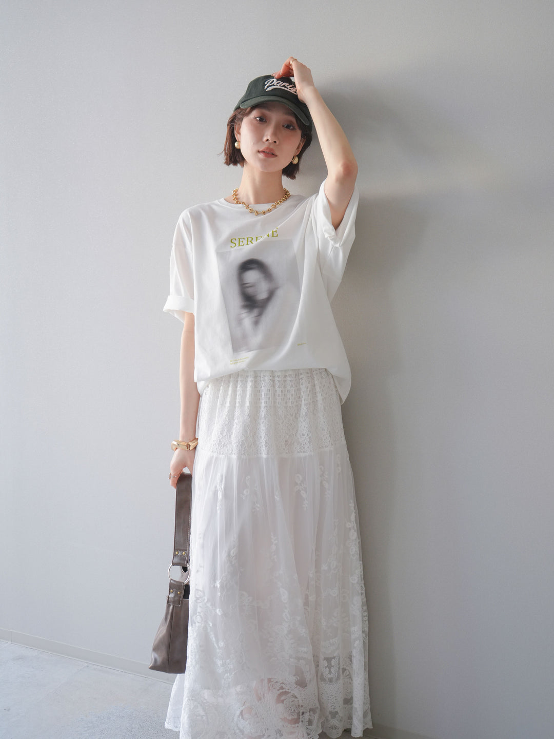 [SET]ブラーアートフォトTシャツ+シアーレースマキシスカート(2set)