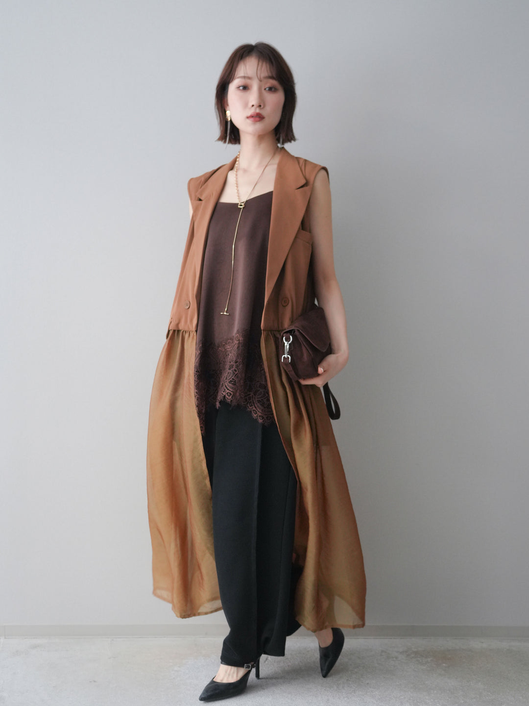 [SET]シアーレイヤードテーラードロングジレ+レーストリムキャミソール+2WAYデザインスウェットパンツ(3set)