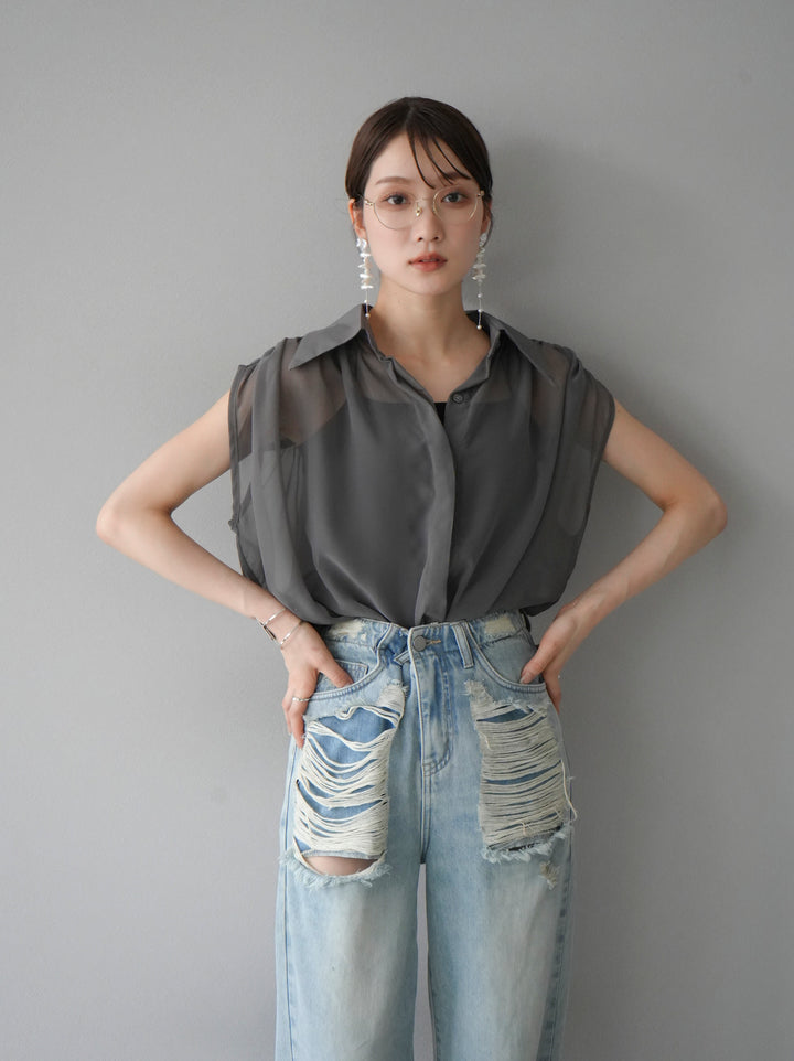 [Pre-order] Sheer No-Sleeve Flare Shirt/Gray