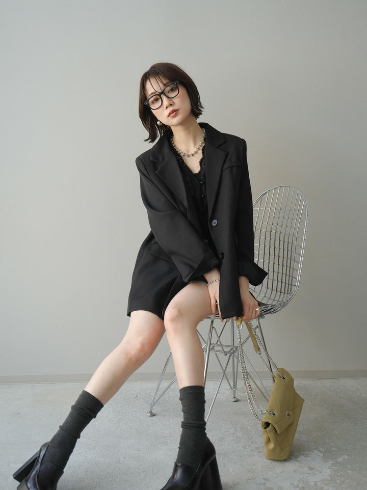 [SET]バックスリットデザインジャケット+ノースリサテンレースキャミソール+ベルト付カーゴミニスカート(3set)