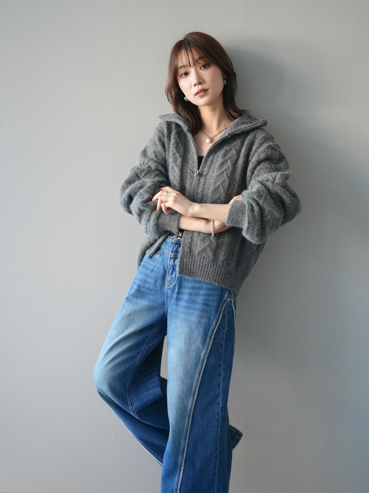 [予約]ケーブル編みハイネックZIPニットカーディガン/gray