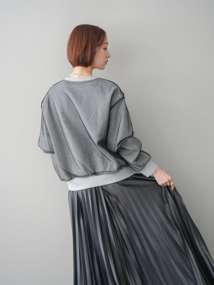 [SET]チュールレイヤードロゴスエットプルオーバー+サテンプリーツマキシスカート(2set)