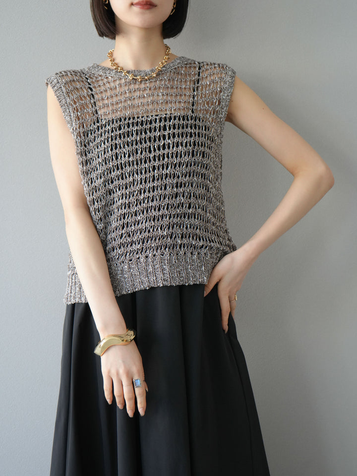 [預購] 混紗鏤空針織背心/棕色