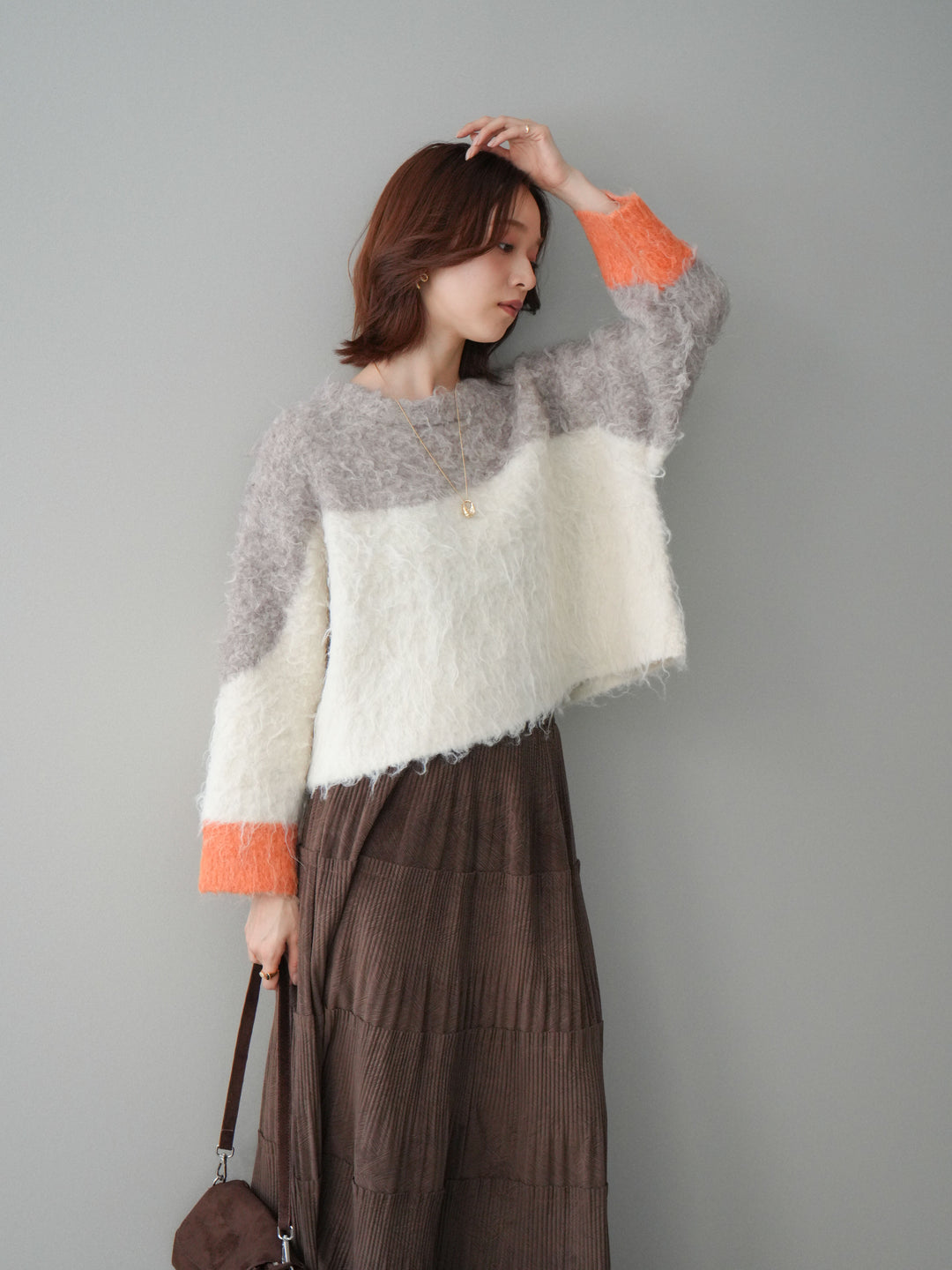 [SET]バイカラーモヘアタッチニットプルオーバー+型押しスエードティアードプリーツスカート(2set)