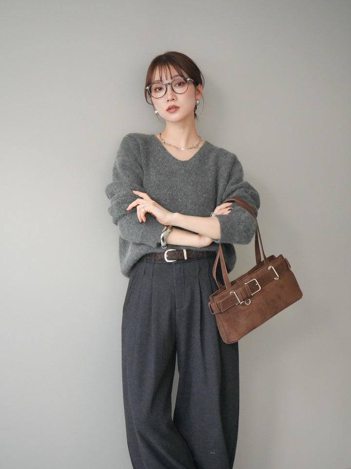 [予約]シュシュ付きアンゴラタッチVネックニットプルオーバー/gray