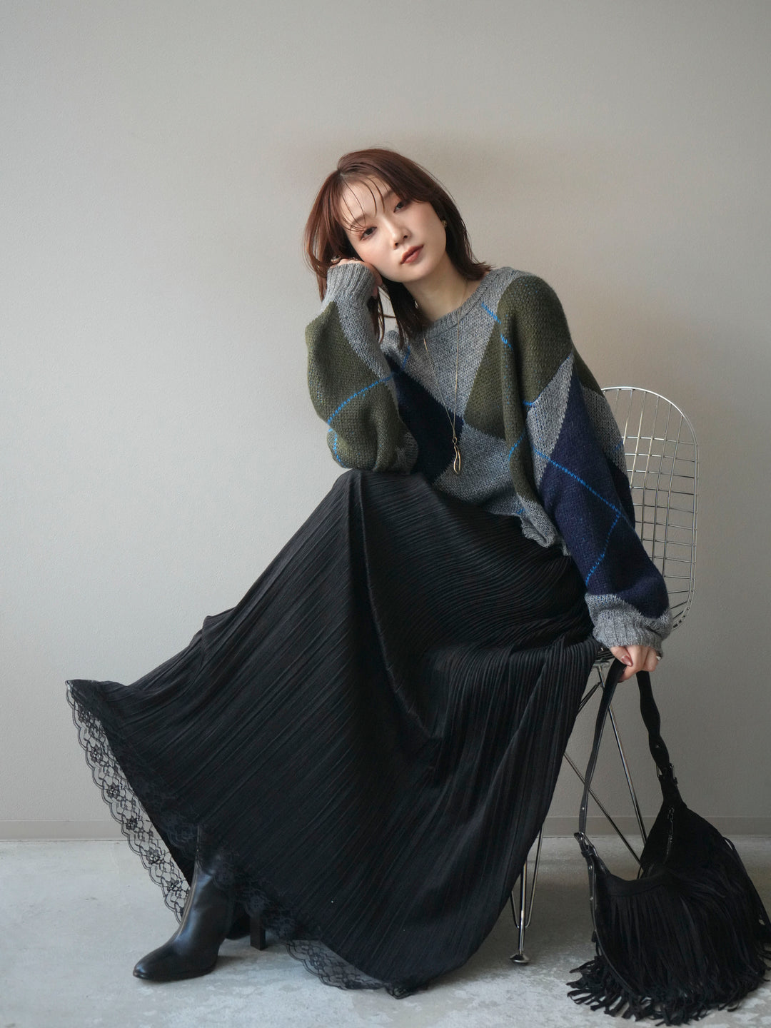 [予約]配色ステッチアーガイル柄ニットプルオーバー/gray