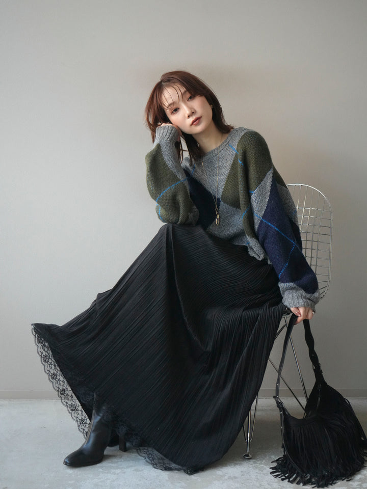 [予約]配色ステッチアーガイル柄ニットプルオーバー/gray