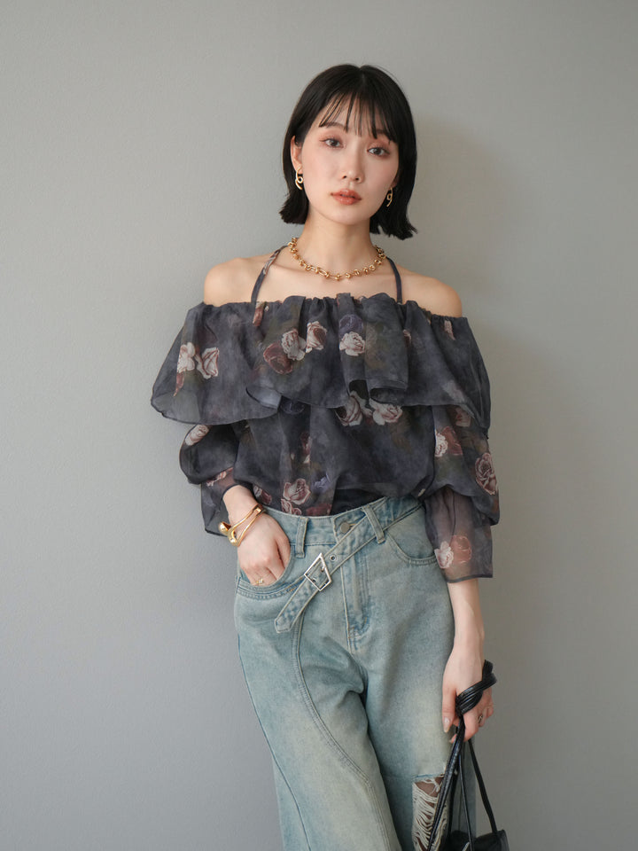 【預購】花朵露肩襯衫/藏青色