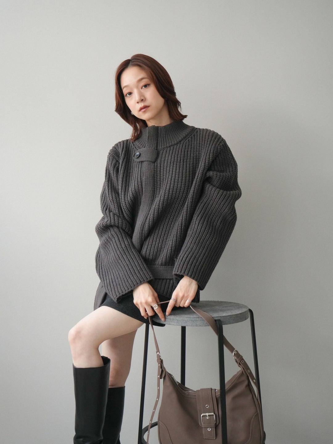 [SET]畦編みボトルネックZIPニットカーディガン+ウールタッチベルト付ミニスカート(2set)