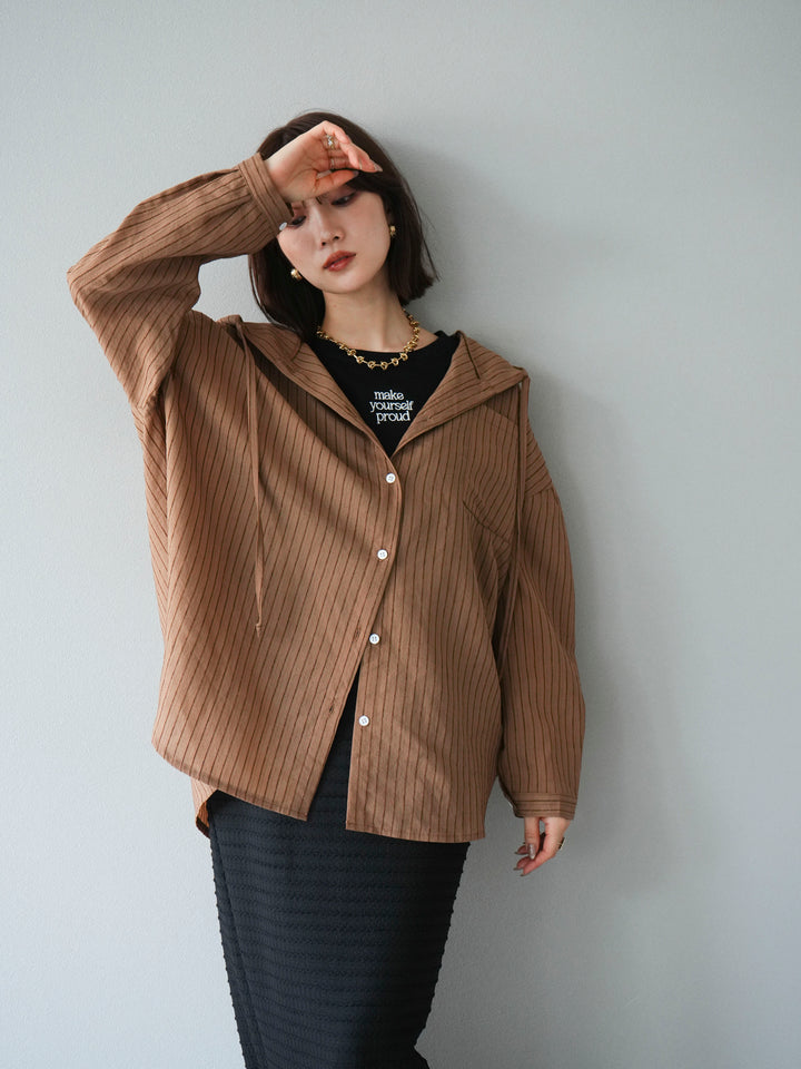 [予約]ワッシャーストライプフーディーシャツ/ブラウン