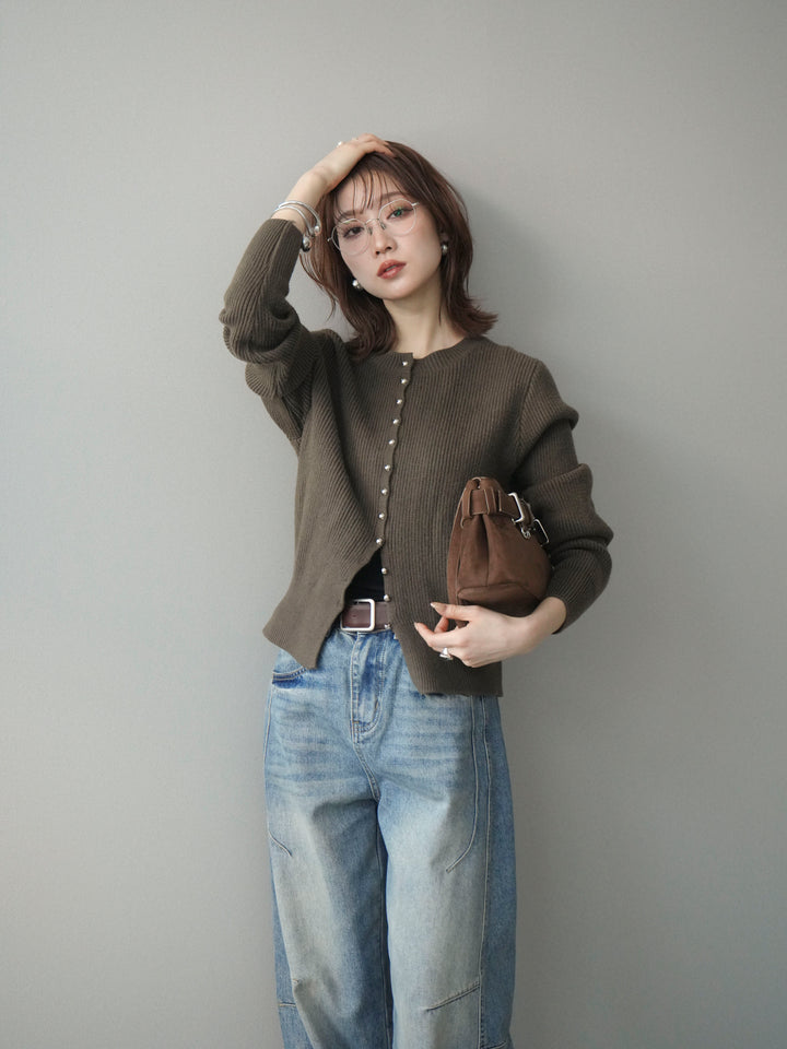 [予約]シルバーボタン畦編みニットカーディガン/brown