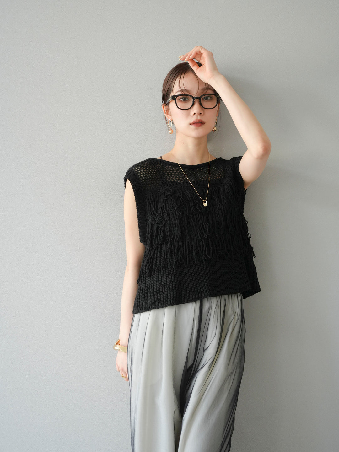 [SET]透かし編みフリンジニットトップス+コード刺繍チュールレイヤードパンツ(2set)