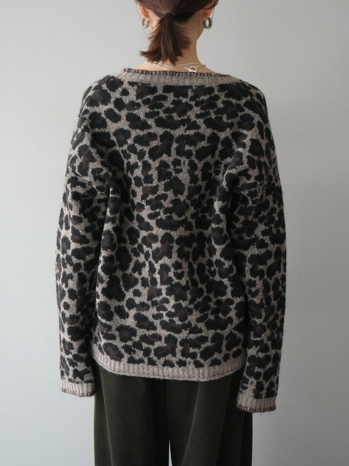 [予約]アニマル柄ステッチニットカーディガン/brown