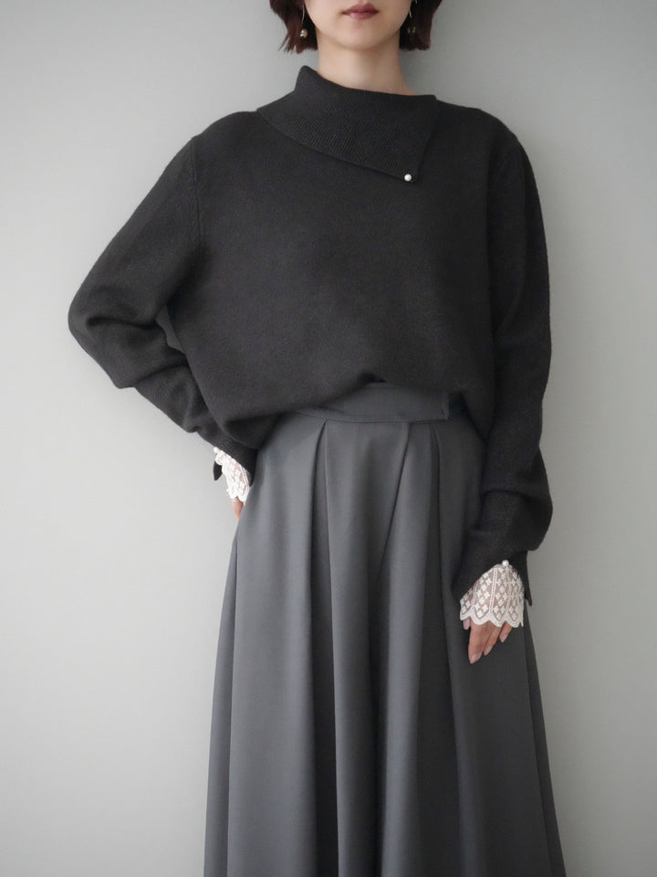 [SET]袖レースパール付き配色ニットトップス+テープベルトタックバギーパンツ(2set)