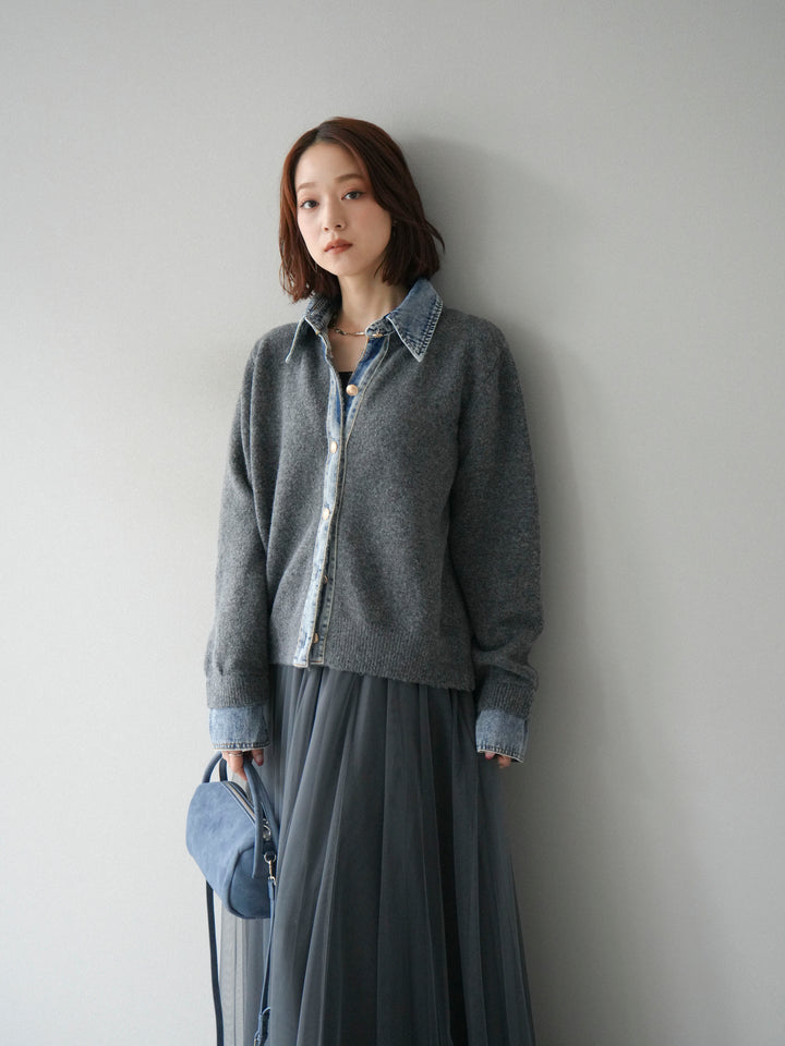 [予約]デニム襟ボタンニットカーディガン/チャコール