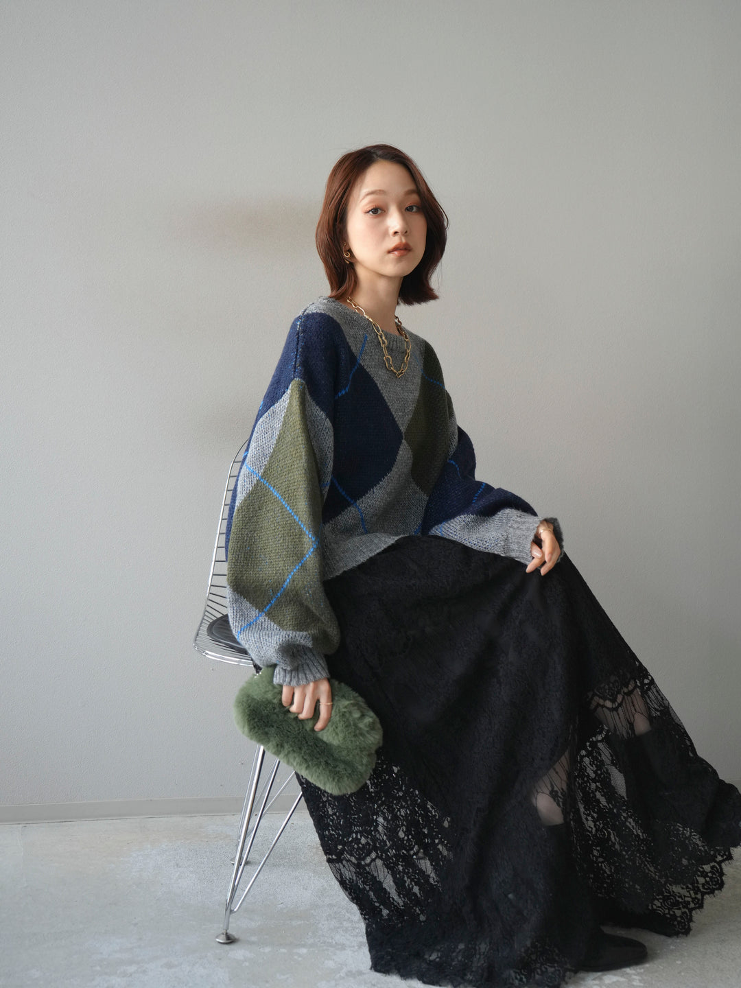[SET]配色ステッチアーガイル柄ニットプルオーバー+ヴィンテージライクメッシュレーススカート(2set)