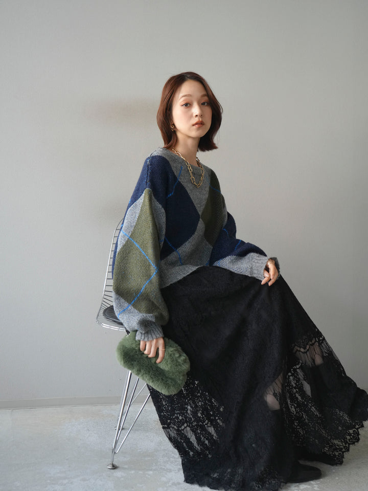 [SET]配色ステッチアーガイル柄ニットプルオーバー+ヴィンテージライクメッシュレーススカート(2set)