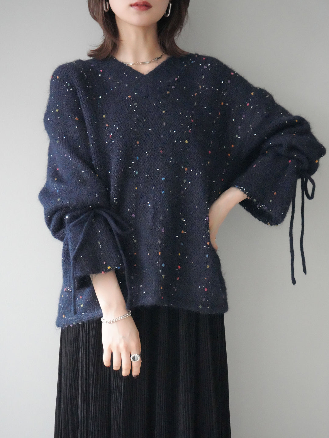 [予約]キャンディースリーブカラーネップスパンコールニットプルオーバー/navy