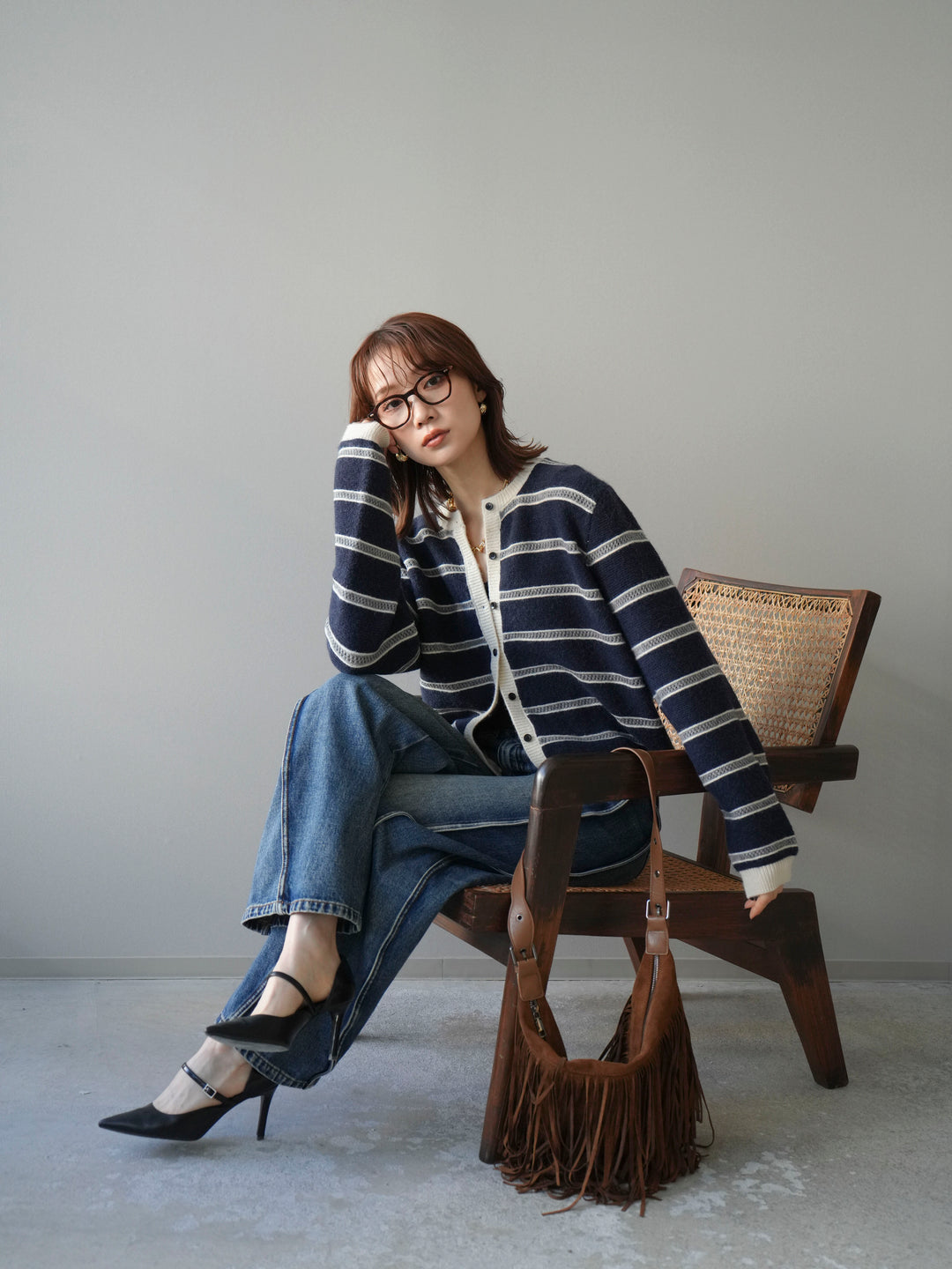 [予約]配色ボーダーニットカーディガン/navy