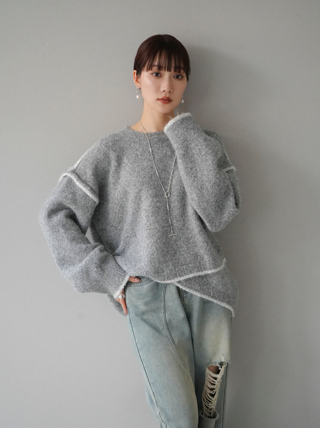 [預訂] 色彩協調針織套頭衫/灰色