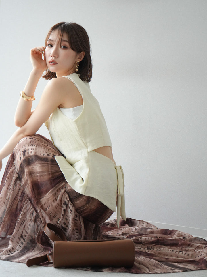 [SET]リネンタッチバックオープンベスト＆ニュアンス柄マキシスカートSET UP(2set)