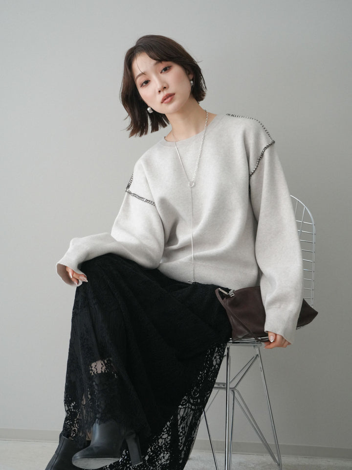 [SET]バックロゴ刺繍配色ステッチニットプルオーバー+選べるアクセセット(2set)