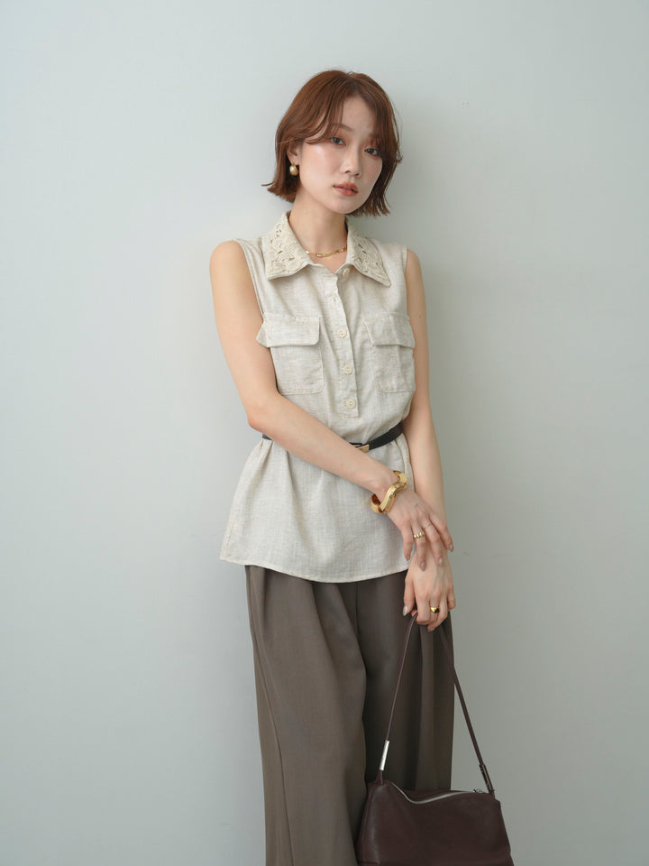 [予約]ベルト付レースカラーWポケットノースリシャツ/beige