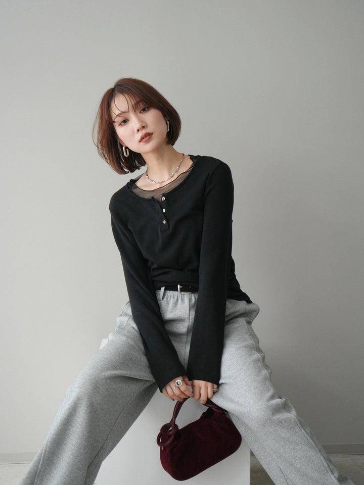 [予約]チュールレイヤードヘンリーネックカットソー/black