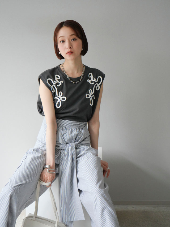 [SET]コード刺繍フレンチスリーブTシャツ+ウエスト巻きストライプイージーパンツ(2set)