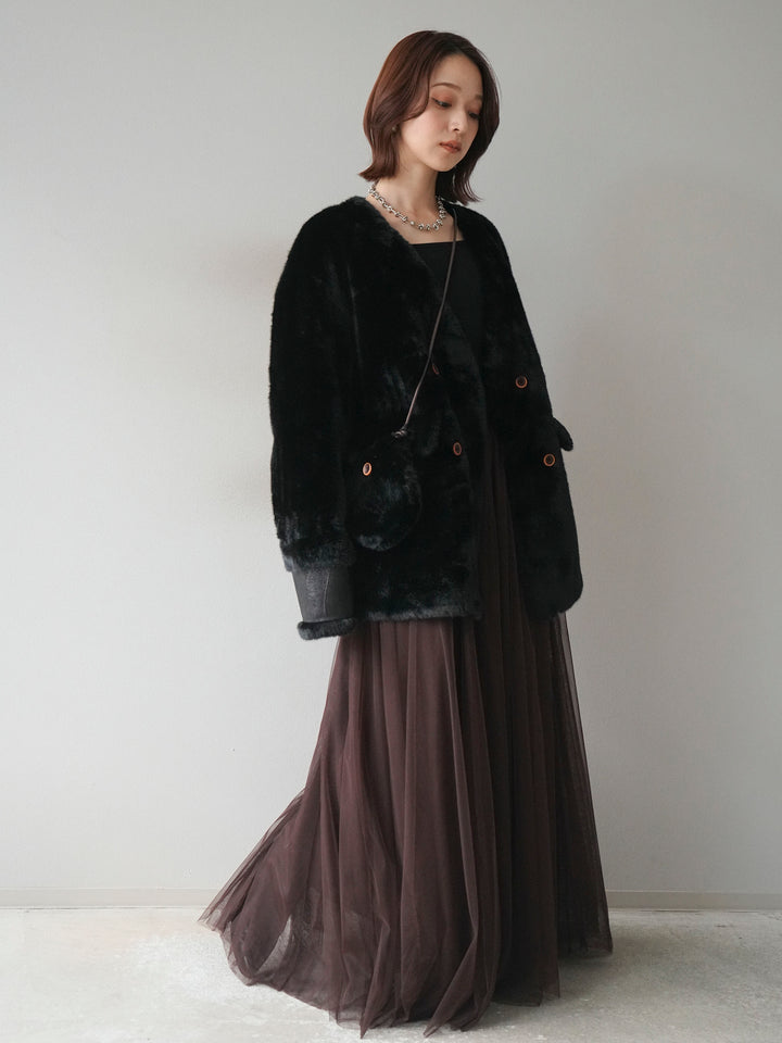 [SET]バッグ付エコファーノーカラーコート+チュールボリュームスカート(2set)