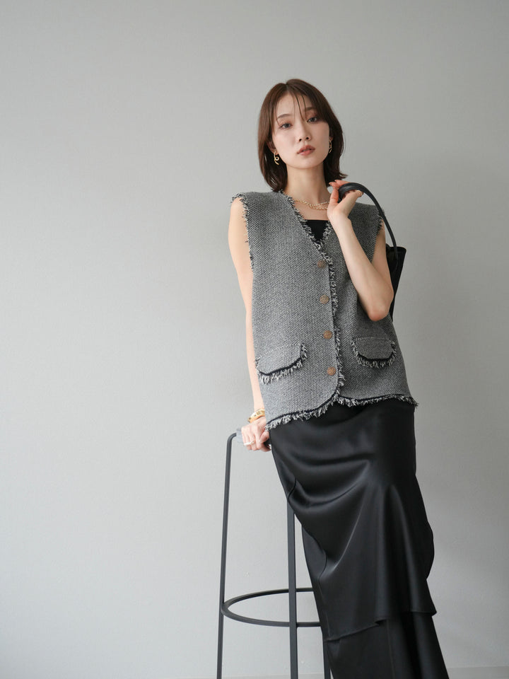 [予約]ツイードライクフリンジニットベスト/ブラック