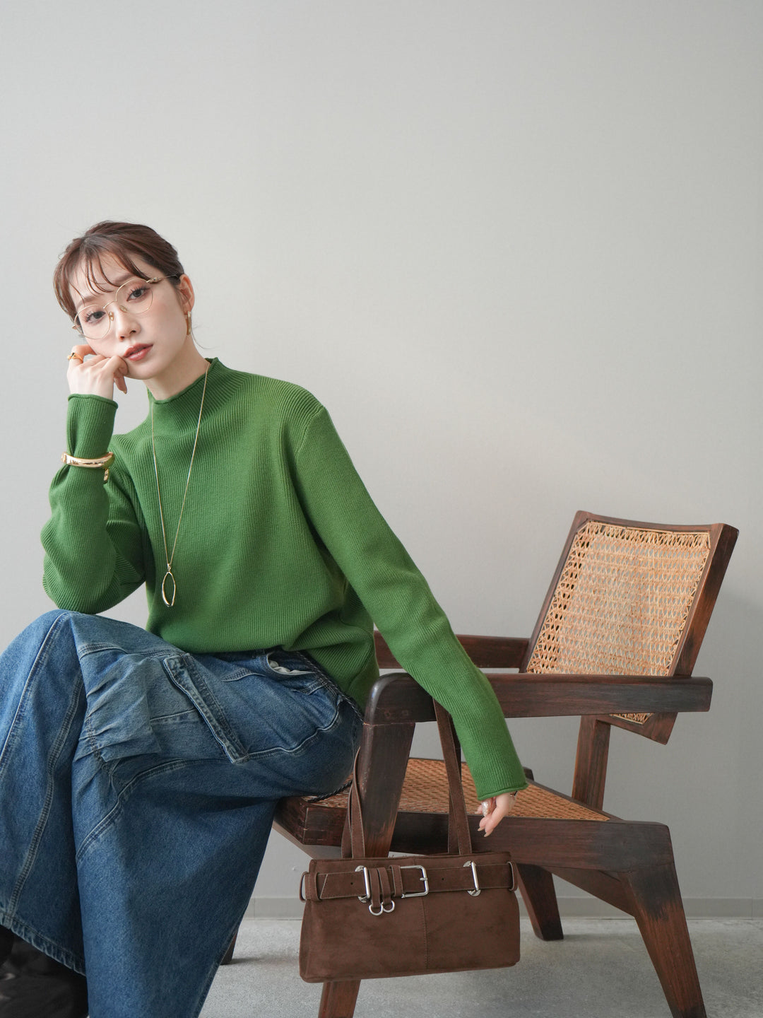 [予約]ボトルネック裾カールリブニットトップス/green