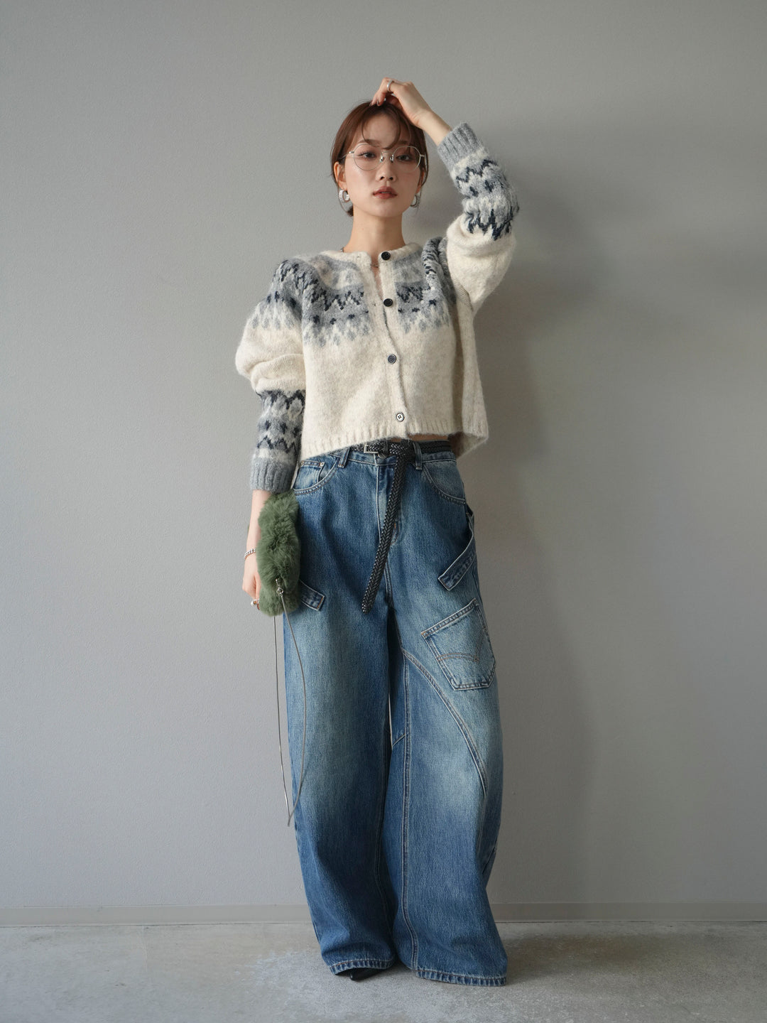 【着回しセット】[SET]求心柄クロップドニットカーディガン+ミックスヤーンペイズリー柄ニットカーディガン+ペインターカーブデニムパンツ(3set)