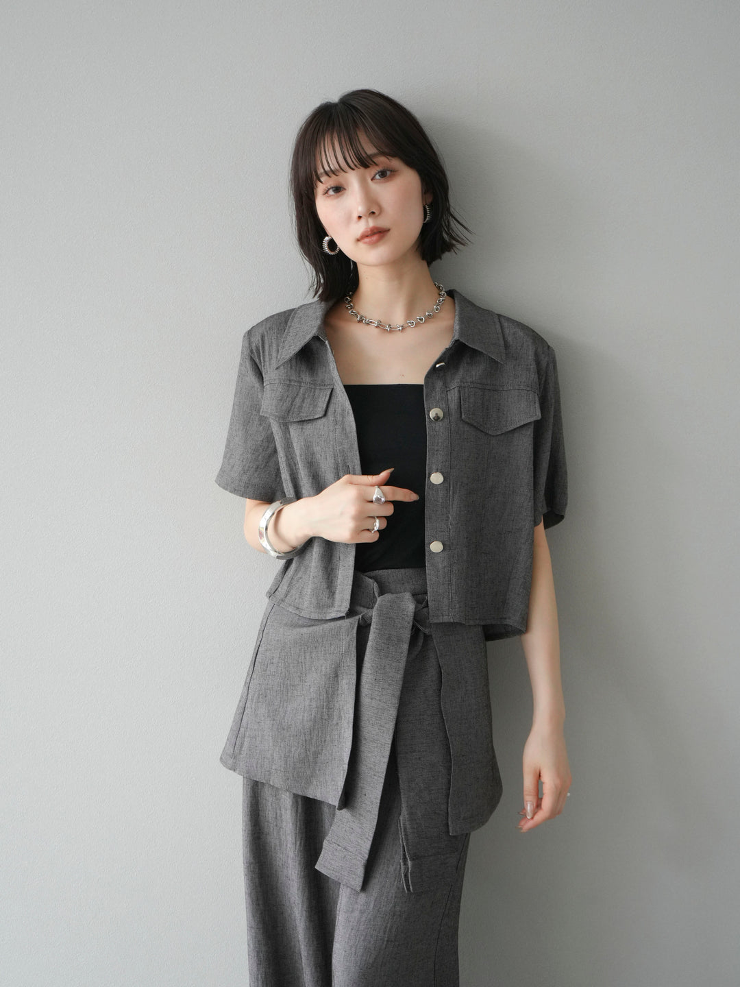 [SET]リネンタッチハーフシャツ＆ラップワイドパンツSET UP(2set)